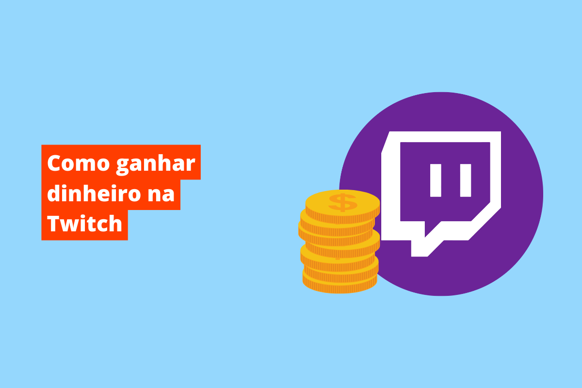 Retângulo azul com tema "Como ganhar dinheiro na Twitch" em branco com fundo laranja e símbolo web à direita com relação ao tema