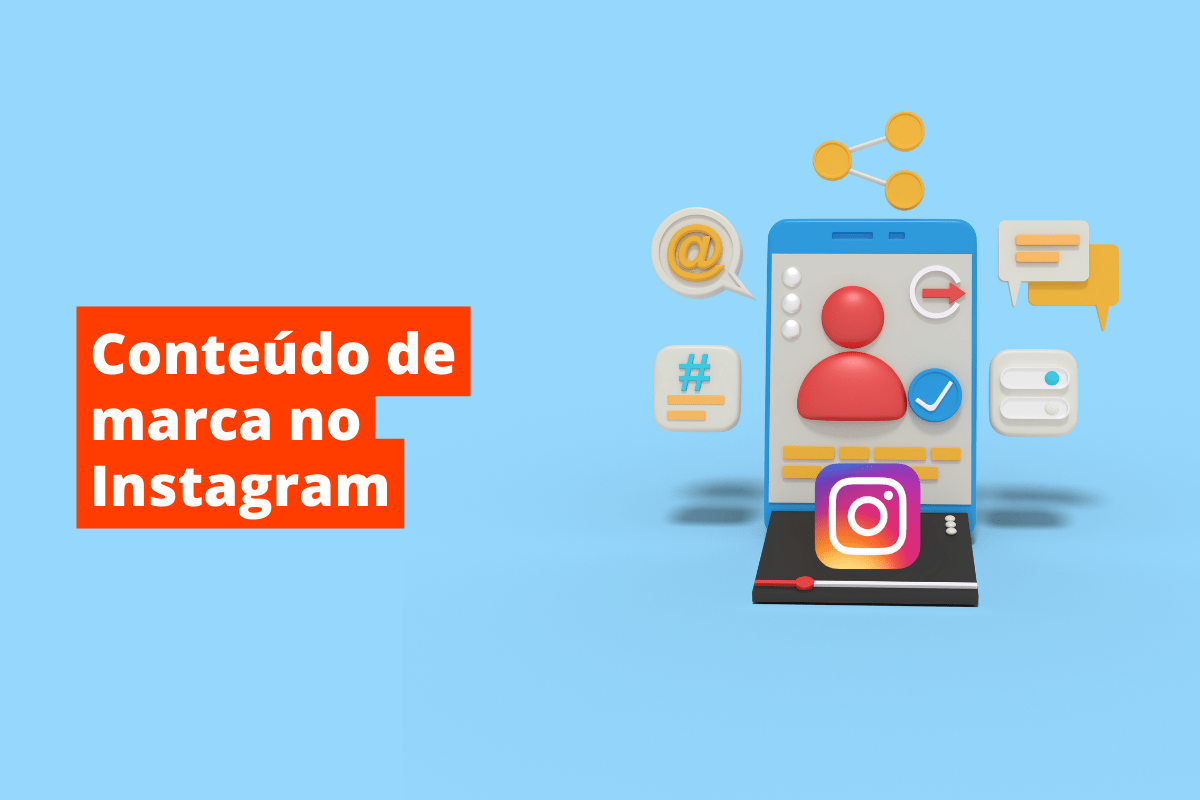 Quadro azul com nome conteúdo de marca no Instagram e simbolo web ao lado que representa o tema