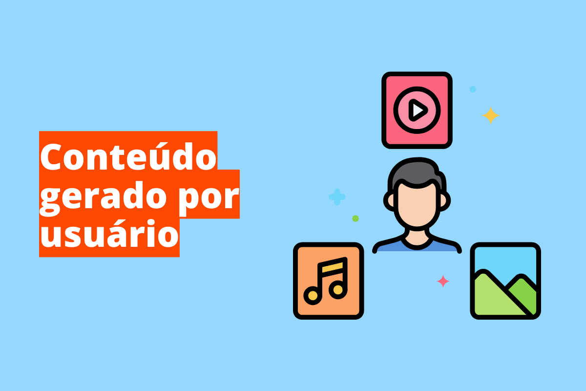 Montagem com fundo azul e frase em branco "Conteúdo gerado por usuário" com fundo laranja e símbolo web à direita que representa o tema
