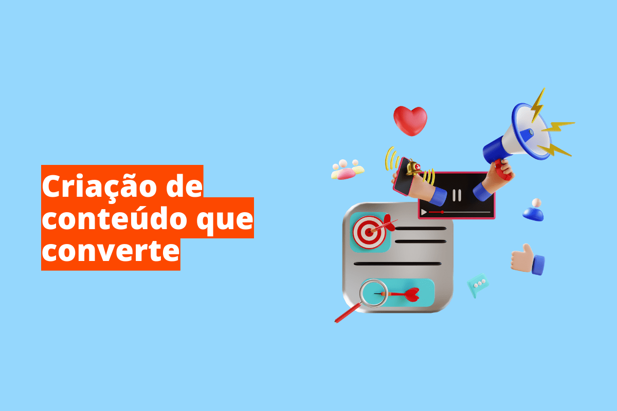 Montagem com fundo azul e nome em branco "Criação de conteúdo que converte" com fundo laranja e símbolo web à direita que representa o tema