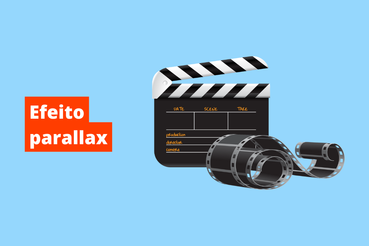 Retângulo azul com nome efeito parallax em branco com fundo laranja e o símbolo web à direita sobre o tema