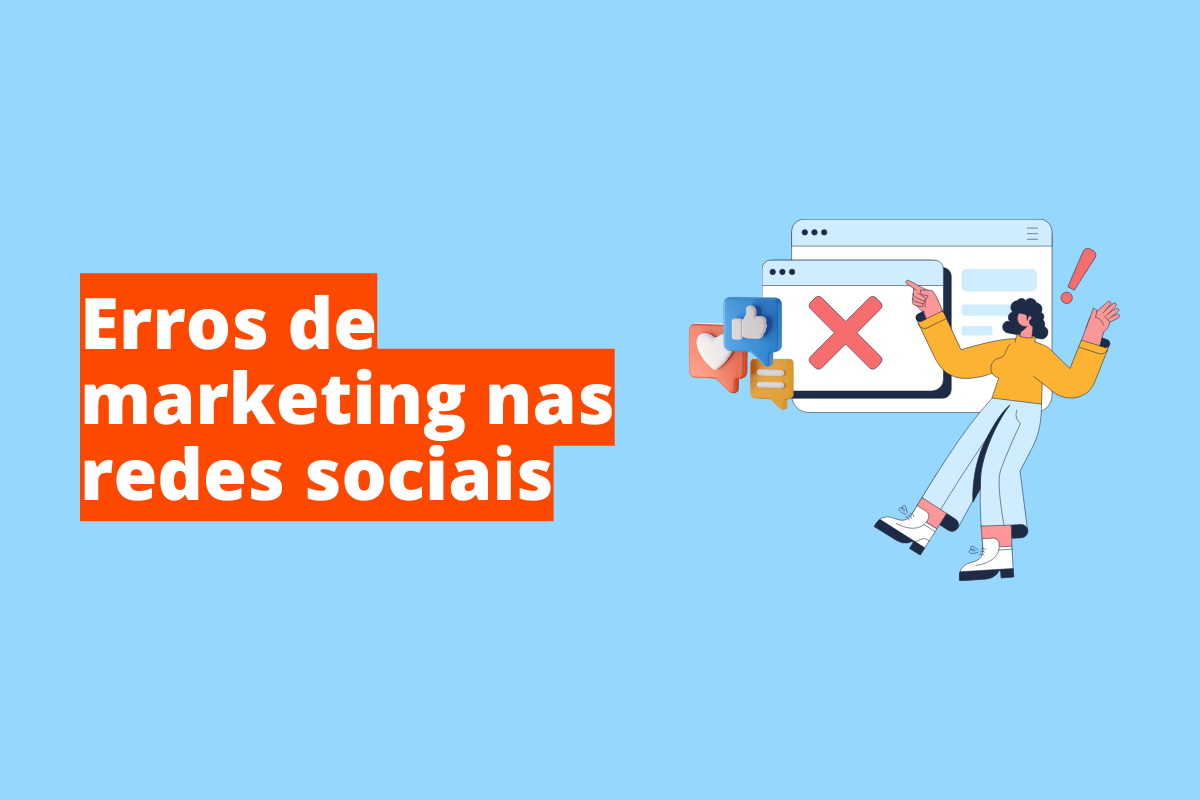 Montagem com fundo azul e frase em branco "Erros de marketing nas redes sociais" com fundo laranja e símbolo web à direita que representa o tema
