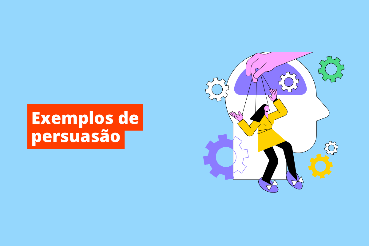 Montagem com tema Exemplos de persuasão em branco com fundo laranja à esquerda e símbolo web sobre persuasão à direita em quadro de cor azul