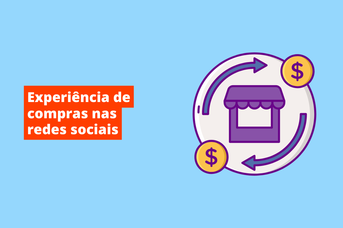 Montagem sobre fundo azul que mostra tema do artigo e símbolo web sobre compras online