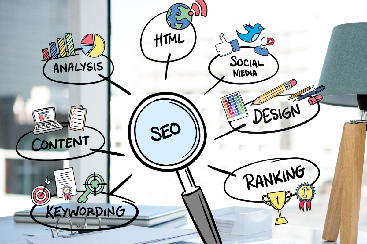 Imagem com desenhos sobre as ferramentas SEO: Ferramentas de SEO Na imagem mostra alguns desenhos apresentando as principais ferramentas de SEO. C