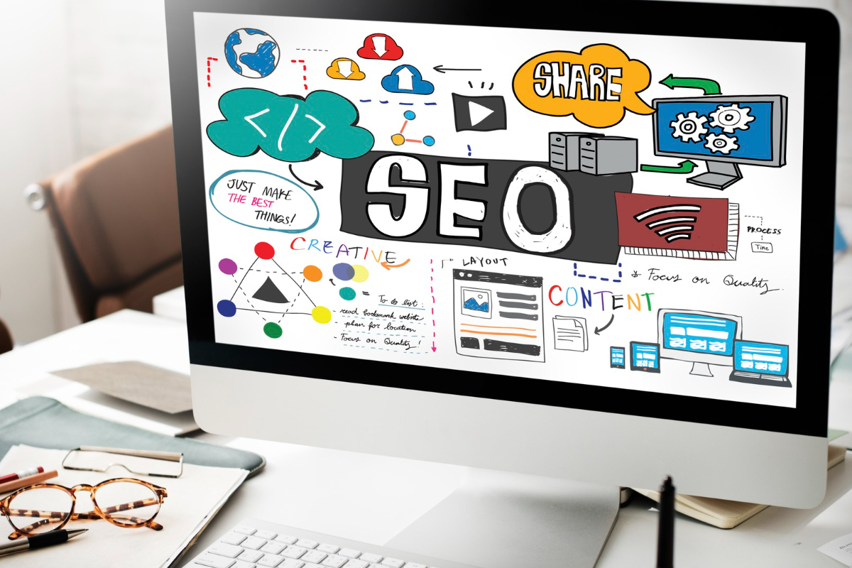 Tela de computador: Ferramentas de SEO Na imagem mostra a tela de um computador apresentando alguns desenhos sobre as ferramentas de SEO.