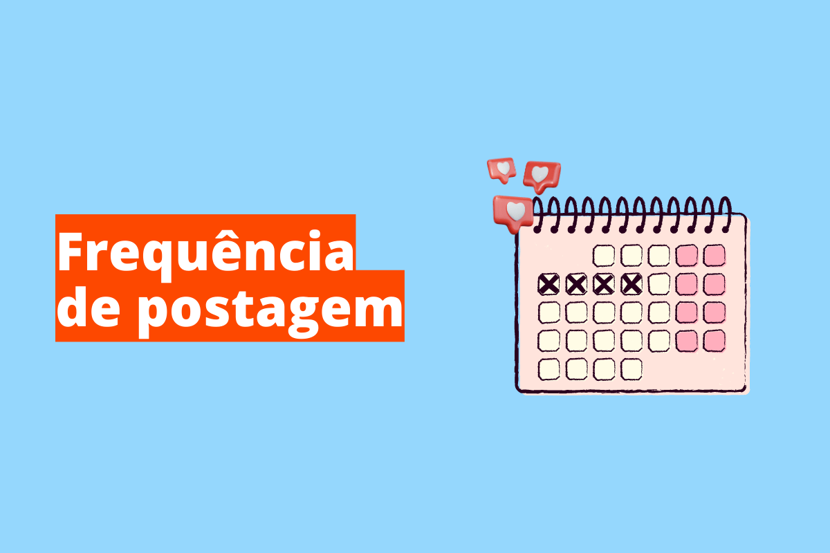 Montagem com fundo azul e nome em branco "Frequência de postagem" com fundo laranja e símbolo web à direita que representa o tema