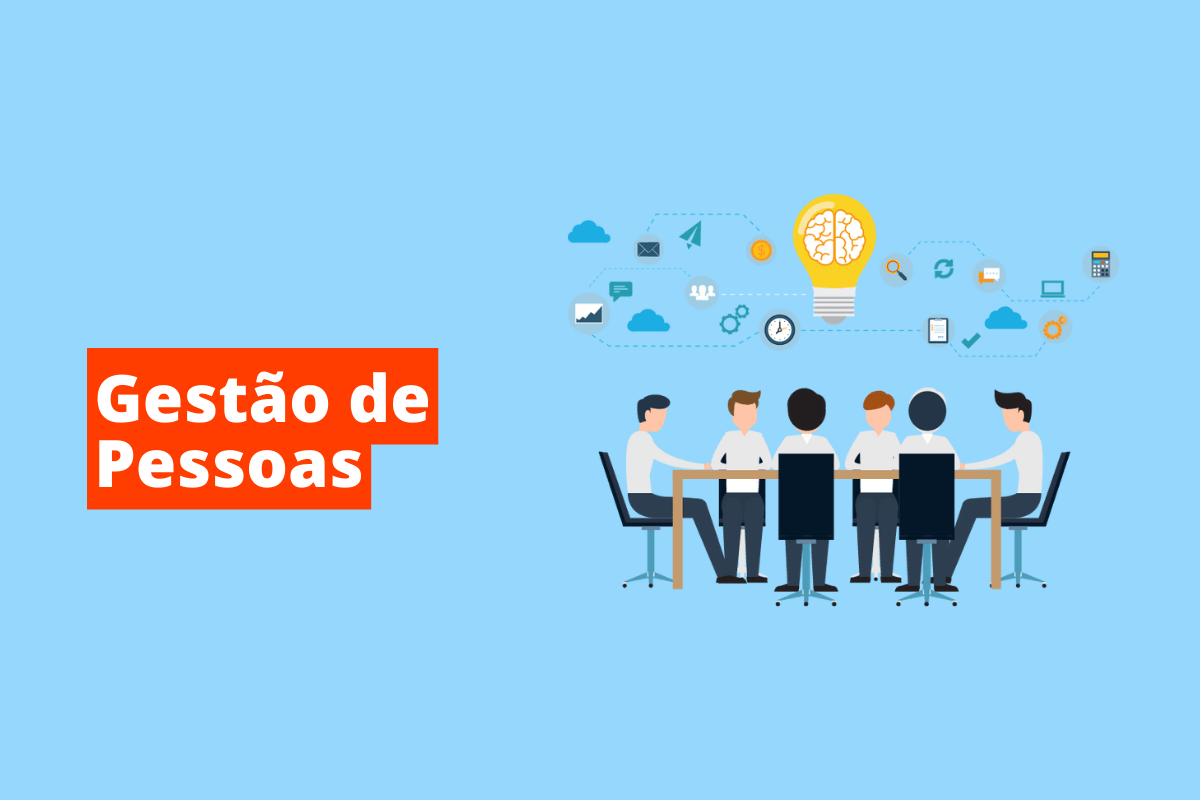 várias pessoas sentadas em uma mesa de reunião. O fundo da imagem é azul e tem-se escrito Gestão de Pessoas