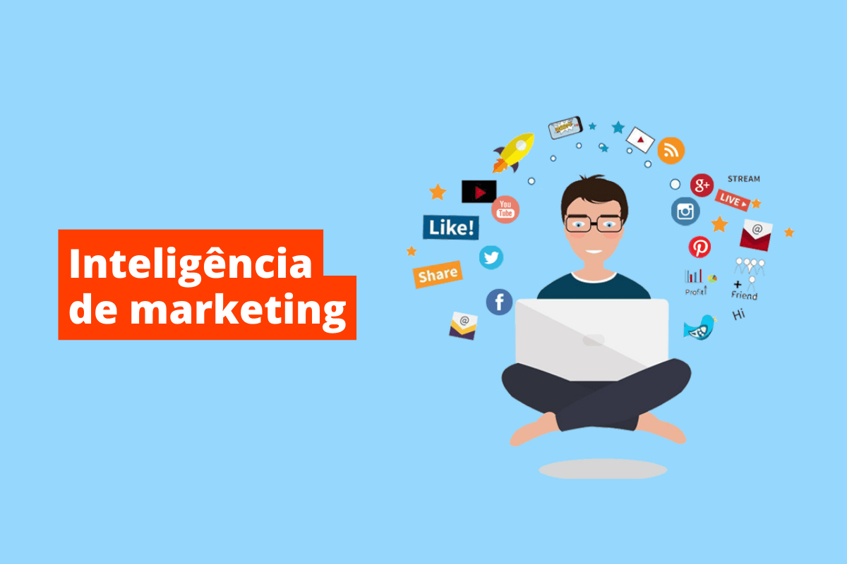 Montagem com fundo azul e símbolo a direita que representa um rapaz com notebook no colo e dados sobre inteligência de marketing e mesmo tema a esquerda com fundo laranja e nome em branco