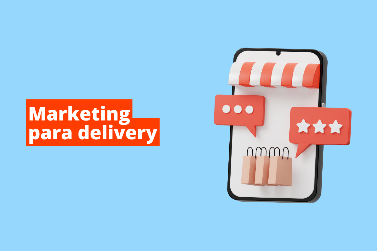 Quadro azul com tema Marketing para delivery com fundo laranja e ao lado símbolo de smartphone com fachada de loja