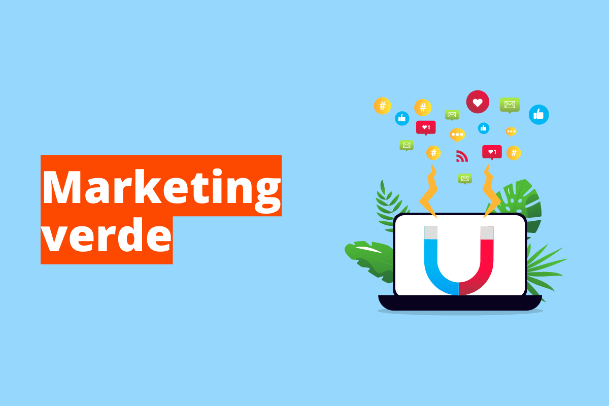 Montagem com fundo azul e frase em branco "Marketing verde" com fundo laranja e símbolo web à direita que representa o tema