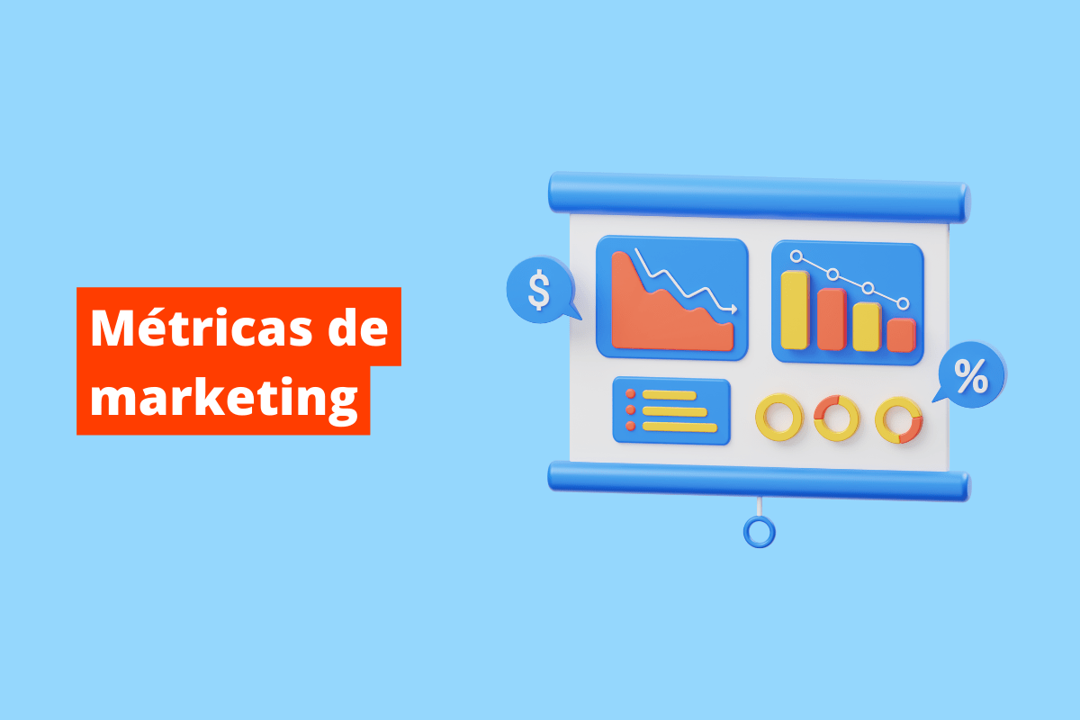 Montagem com símbolo web sobre métricas de marketing e tema à esquerda em branco e com fundo laranja