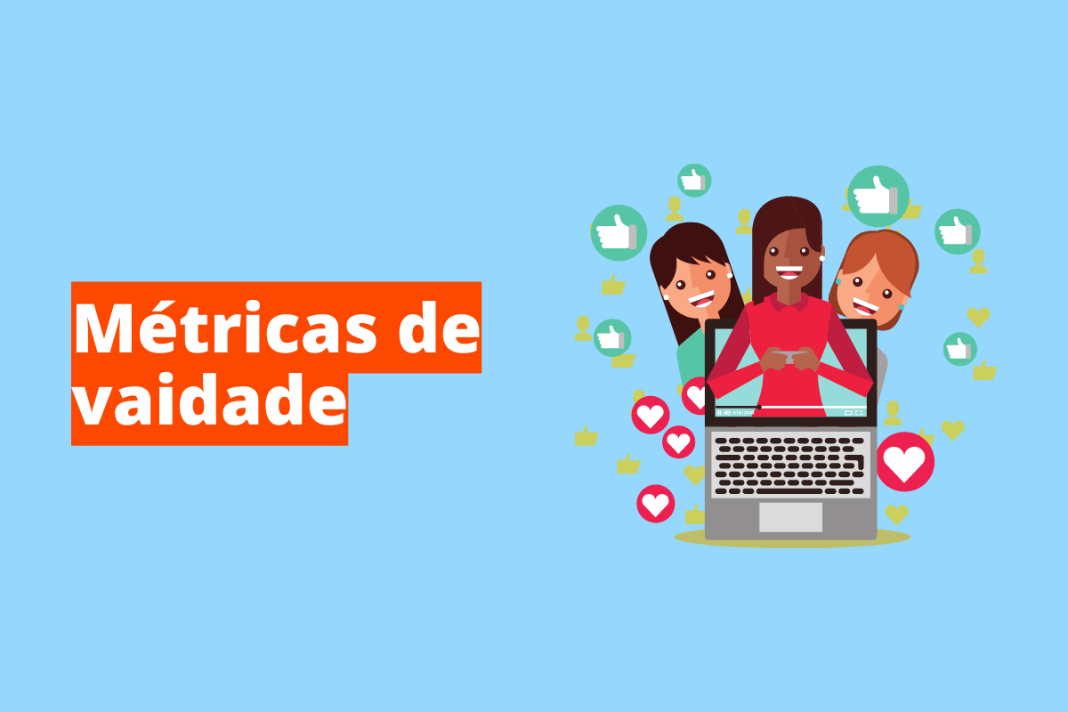 Montagem com fundo azul e nome em branco Métricas de vaidade com fundo laranja e símbolo web à direita que representa o tema