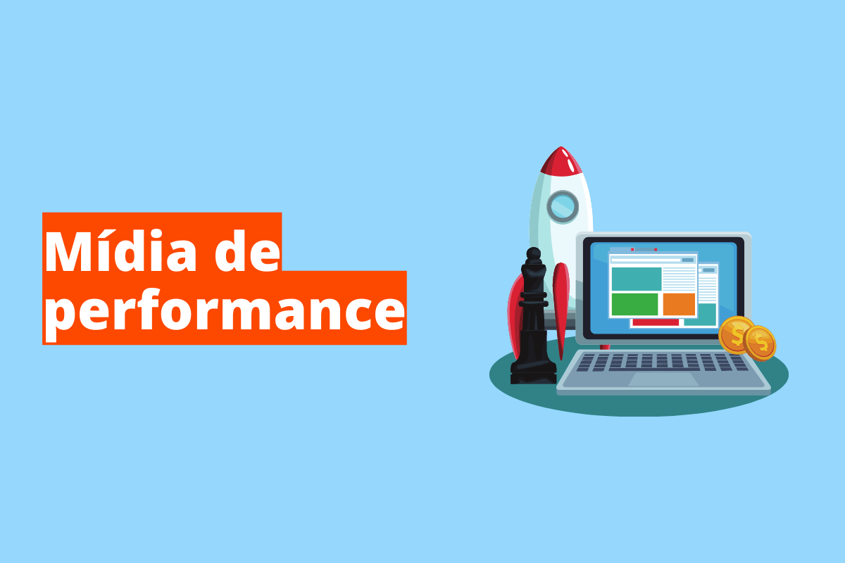 Montagem com fundo azul e nome em branco "Mídia de performance" com fundo laranja e símbolo web à direita que representa o tema