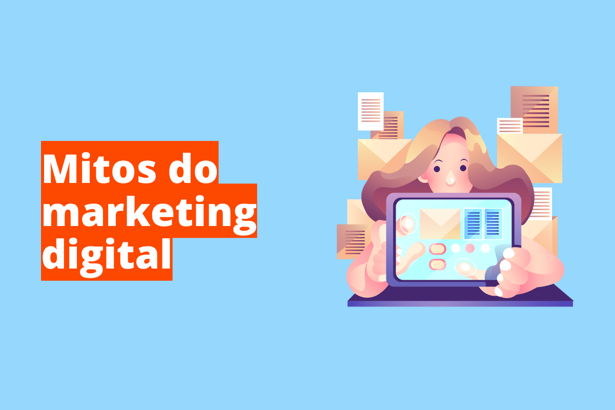 Montagem com fundo azul e nome em branco Mitos do Marketing Digital com fundo laranja e símbolo web à direita que representa o tema