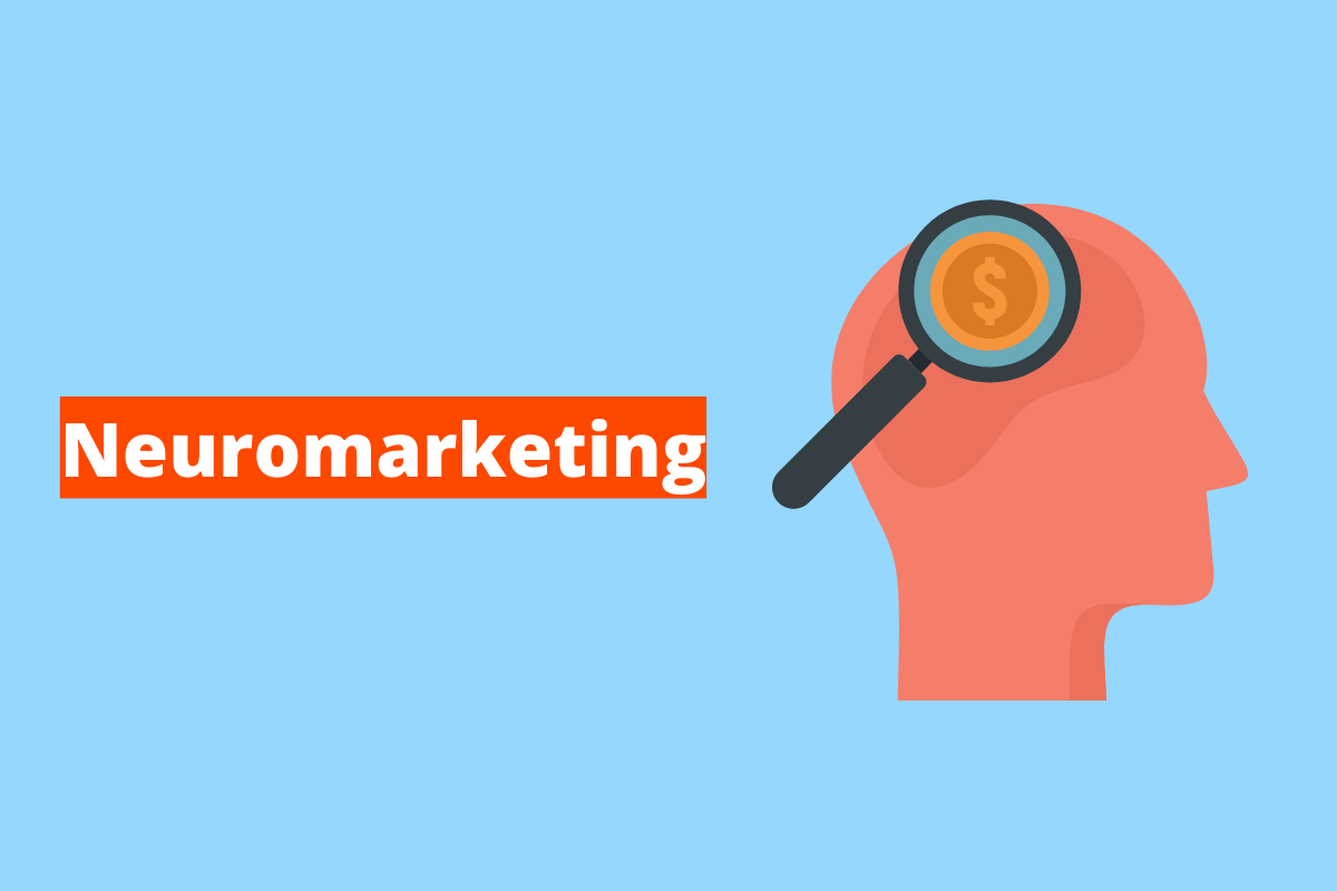 Montagem com fundo azul e nome em branco Neuromarketing com fundo laranja e símbolo web à direita que representa o tema