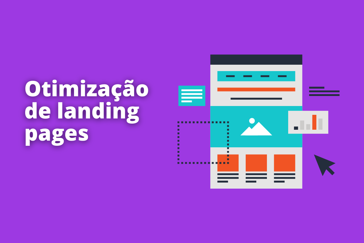 Na imagem mostra uma página apresentando alguns dados referentes a landing pages. O fundo da imagem é roxo e tem - se escrito otimização de landing pages.