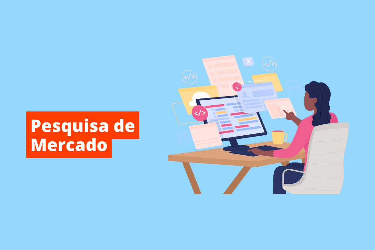 mulher sentada, trabalhando em seu computador. O fundo da imagem é azul e tem-se escrito Pesquisa de Mercado