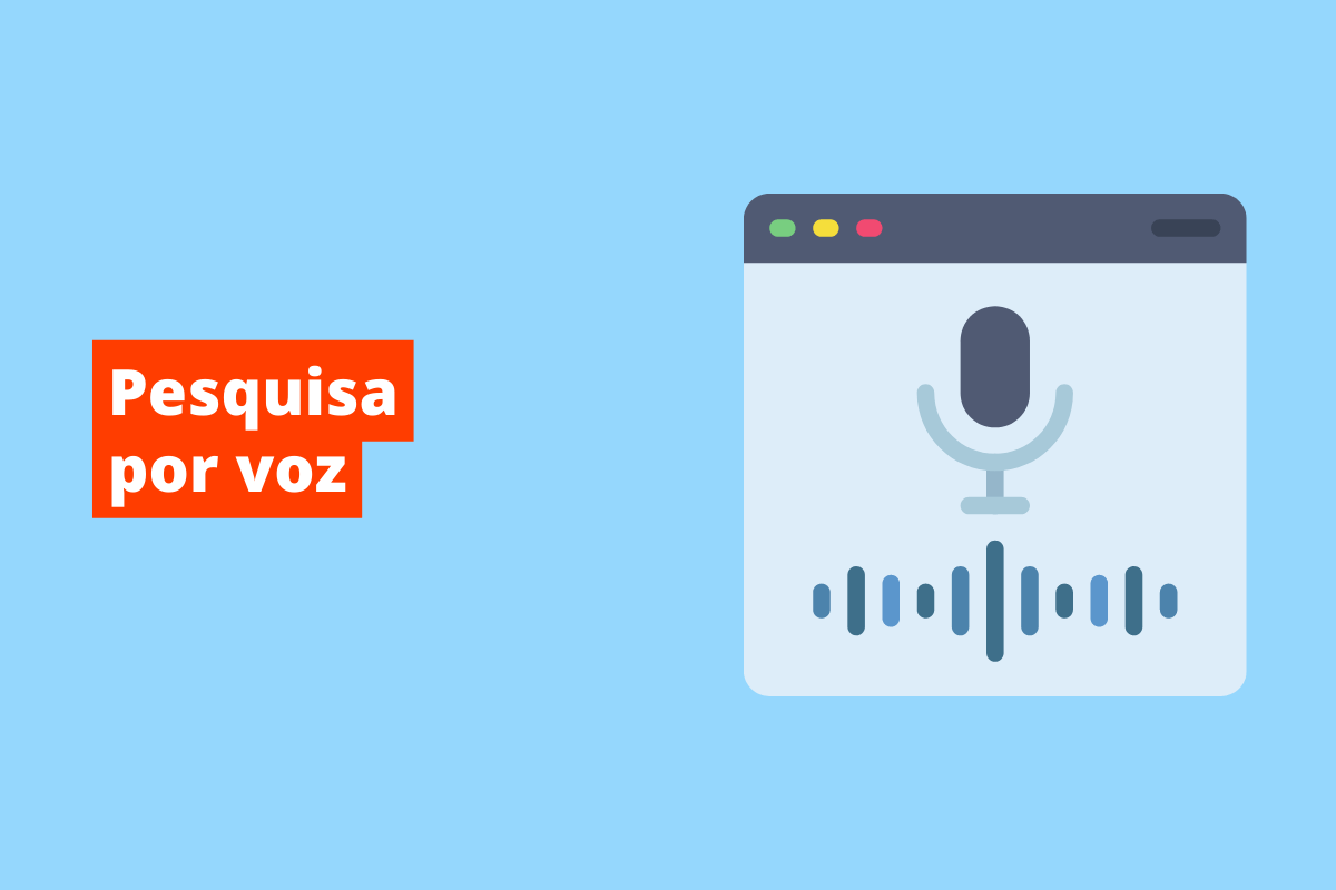 Montagem com fundo azul e símbolo de mensagem de voz à direita, além de tema escrito à direita em branco com fundo laranja, onde fala "pesquisa por voz"