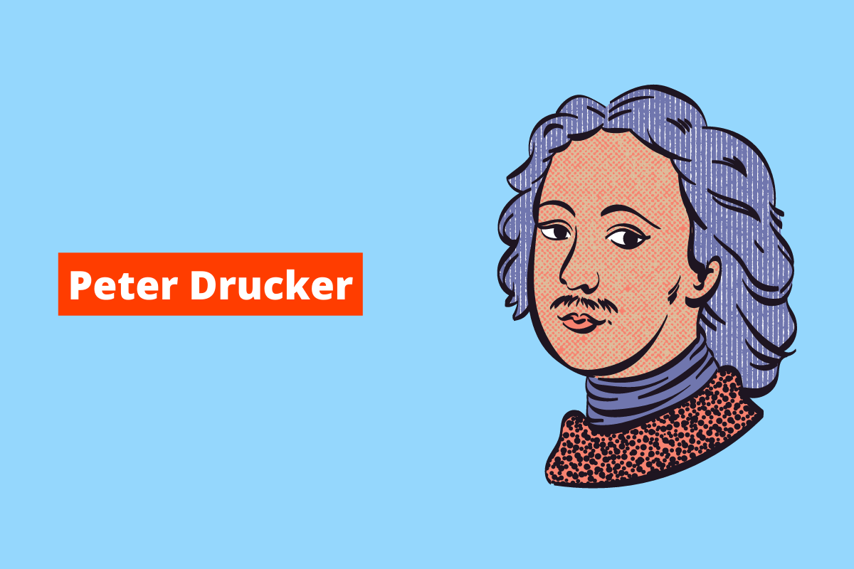 homem de cabelos brancos e bigode fino. O fundo da imagem é azul e tem-se escrito Peter Drucker