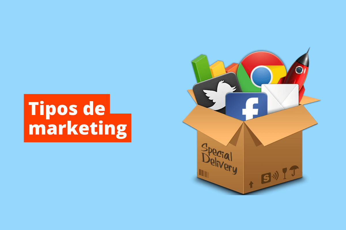 imagem de vários símbolos representando o meio online. O fundo da imagem é azul e tem-se escrito tipos de marketing