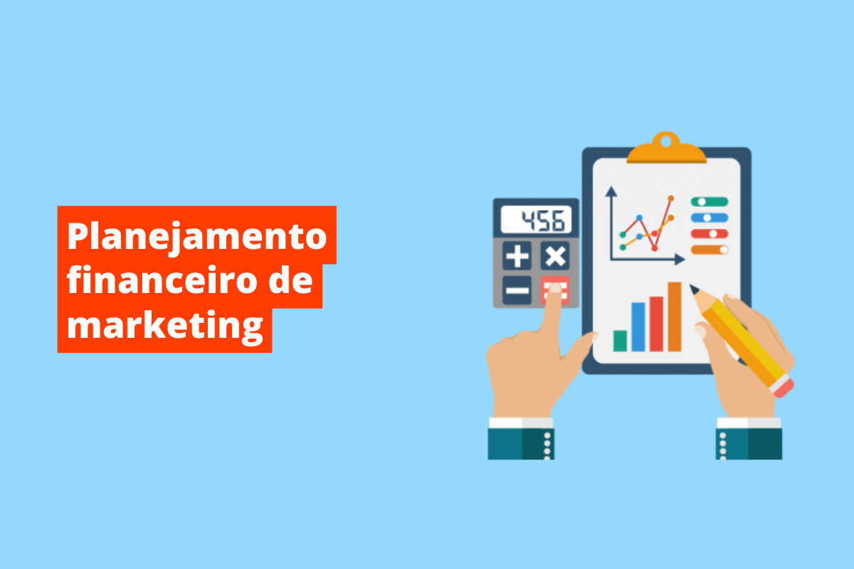 Montagem com quadro azul e tema planejamento financeiro de marketing e símbolo web à direita que representa o tema