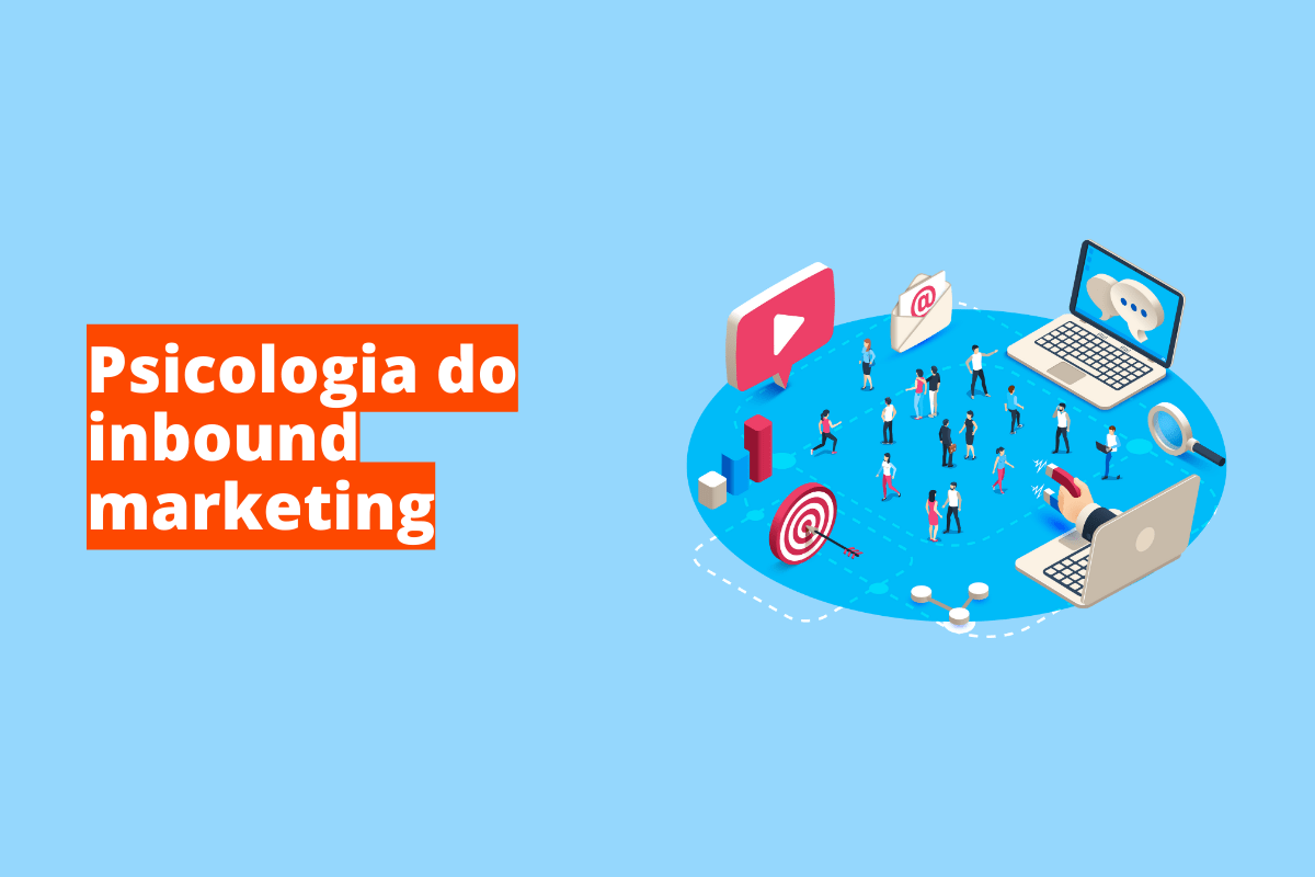 Montagem com fundo azul e nome em branco Psicologia do Inbound Marketing com fundo laranja e símbolo web à direita que representa o tema