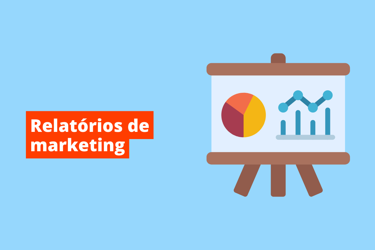 Montagem com símbolo web à direita que representa um cartaz com relatórios em pizza e gráficos e tema à esquerda em branco com fundo laranja