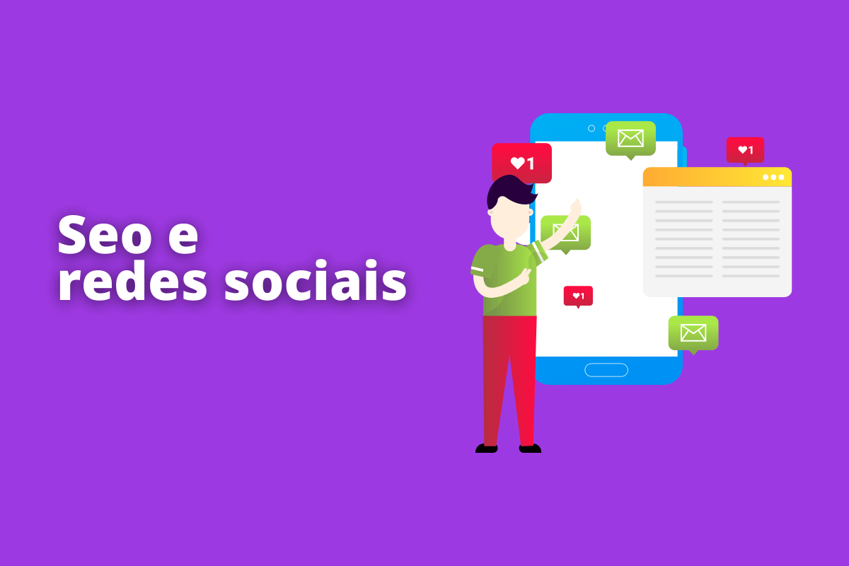 Jorge Moreno - Empreendedor Digital homem do lado de uma tela de dispositivo e uma aba, de onde saem vários balões com símbolos das redes sociais. O fundo da imagem é roxo e tem-se escrito SEO e redes sociais