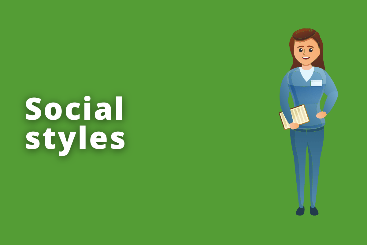 Na imagem se encontra um desenho de uma mulher com roupa de executiva. O fundo da imagem é na cor verde e tem - se escrito Social Styles.