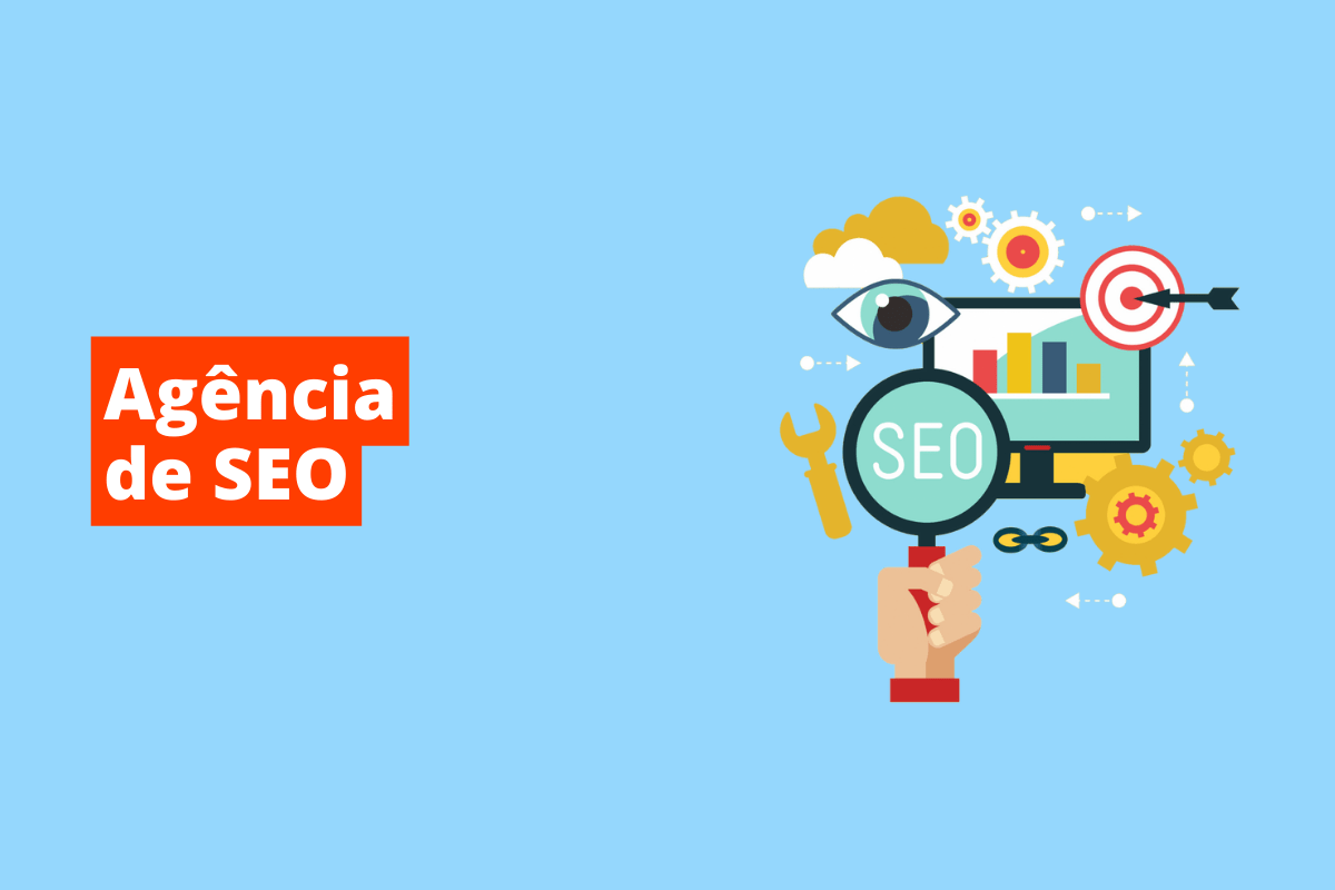monitor, alvo, lupa e diversos símbolos que representam o mundo do SEO. O fundo da imagem é azul e tem-se escrito agência de seo