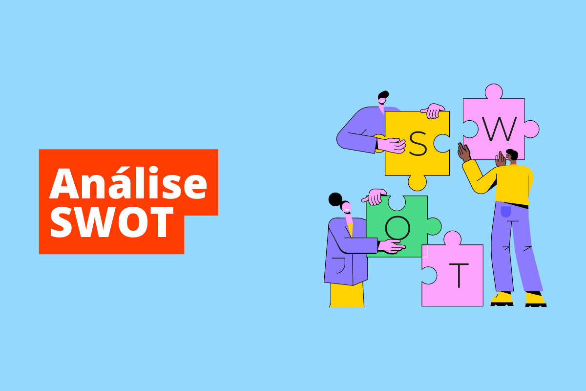 pessoas montando um quebra-cabeça. O fundo da imagem é azul e tem-se escrito análise swot