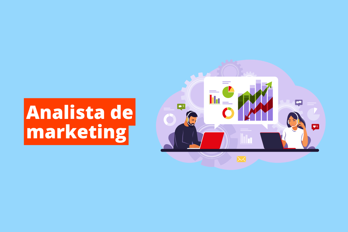 pessoas trabalhando em uma mesa de reunião. O fundo da imagem é azul e tem-se escrito analista de marketing