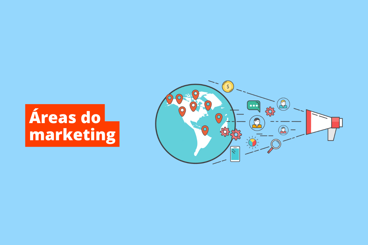 globo e um megafone do lado, com vários símbolos do marketing. O fundo da imagem é azul e tem-se escrito áreas do marketing