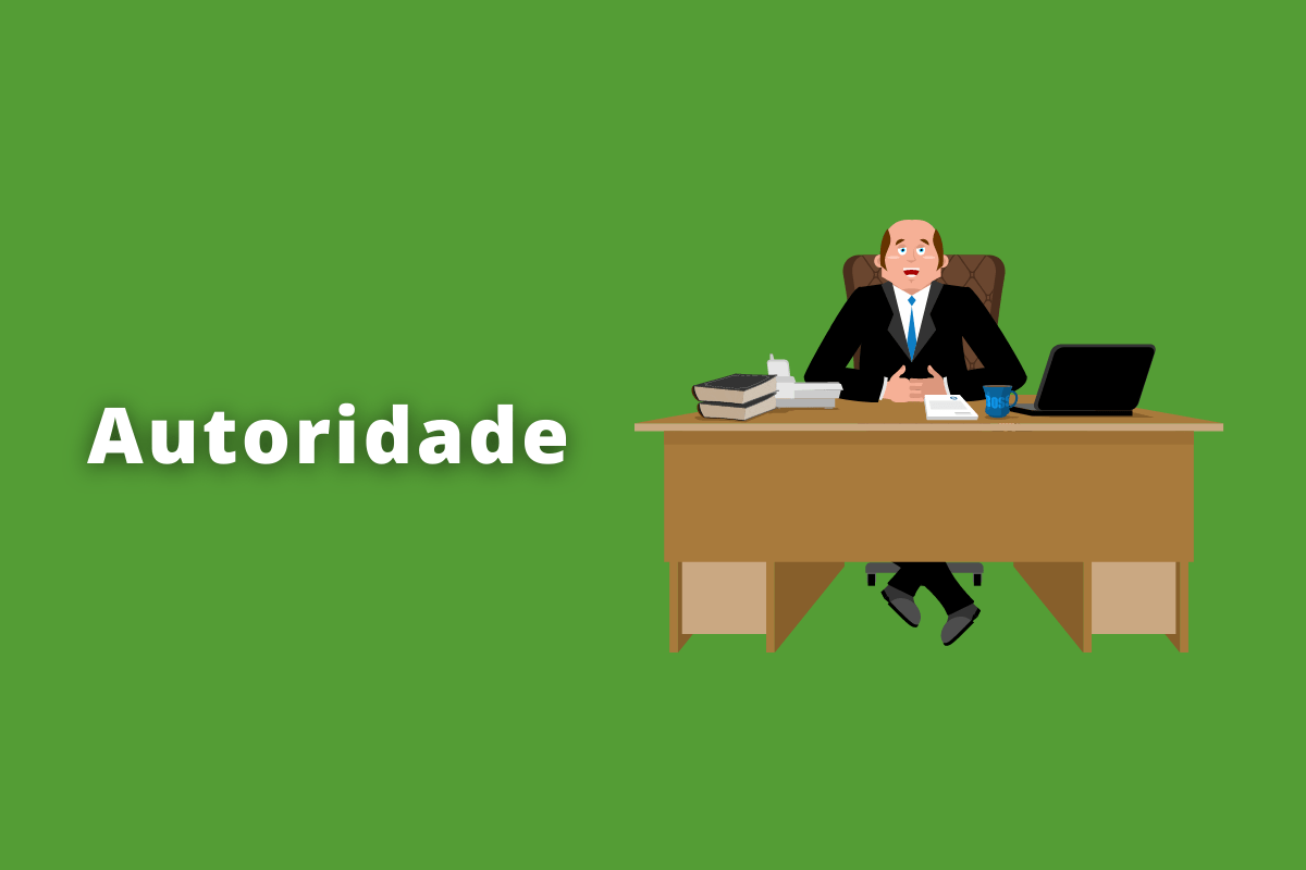 homem em sua mesa de escritório. O fundo da imagem é verde e tem-se escrito Autoridade