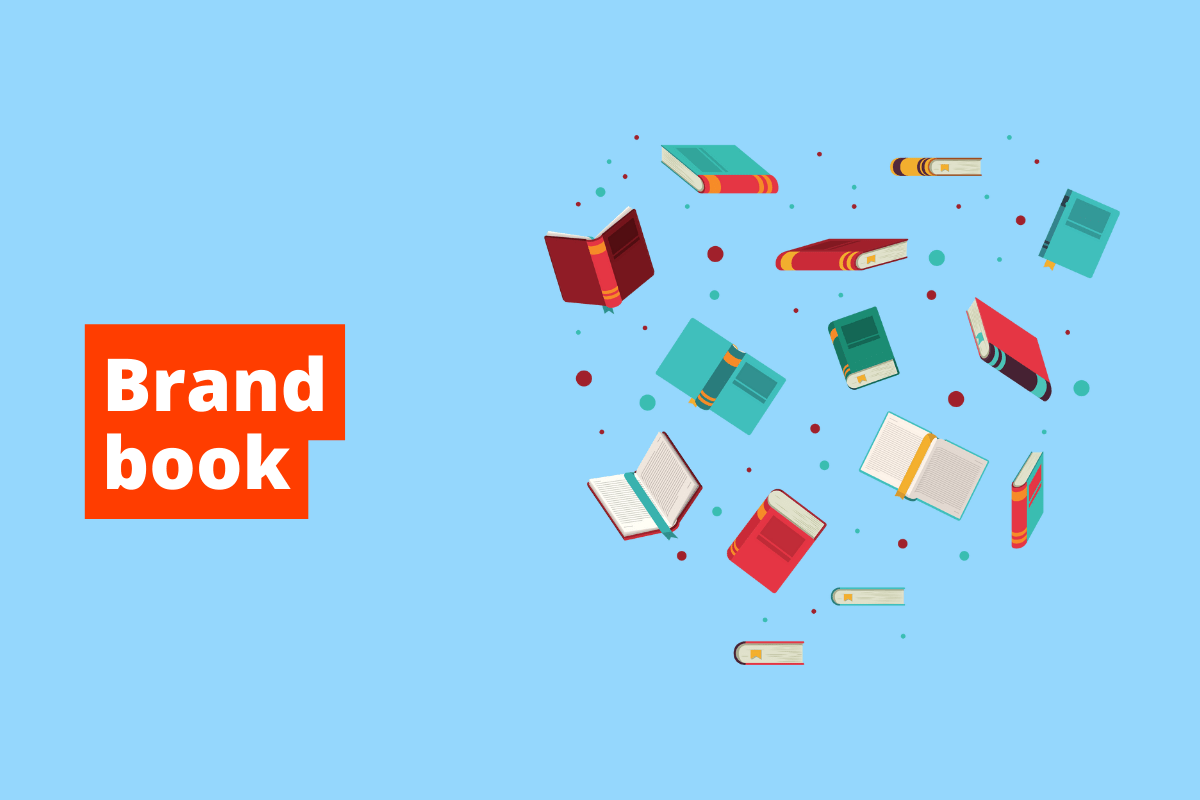 vários livros soltos. O fundo da imagem é azul e tem-se escrito brand book