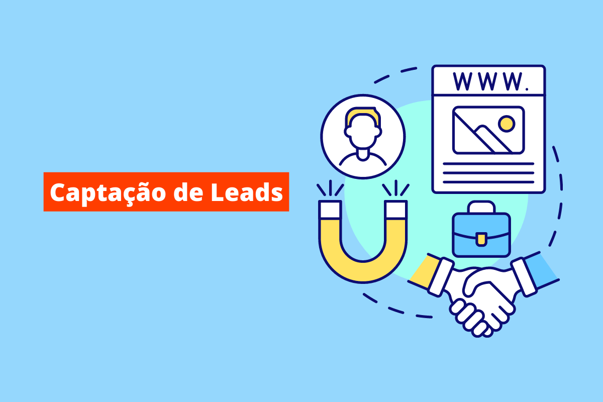 pessoas de mãos dados, ímã e uma página online, representando os leads. O fundo da imagem é azul e tem-se escrito captação de leads