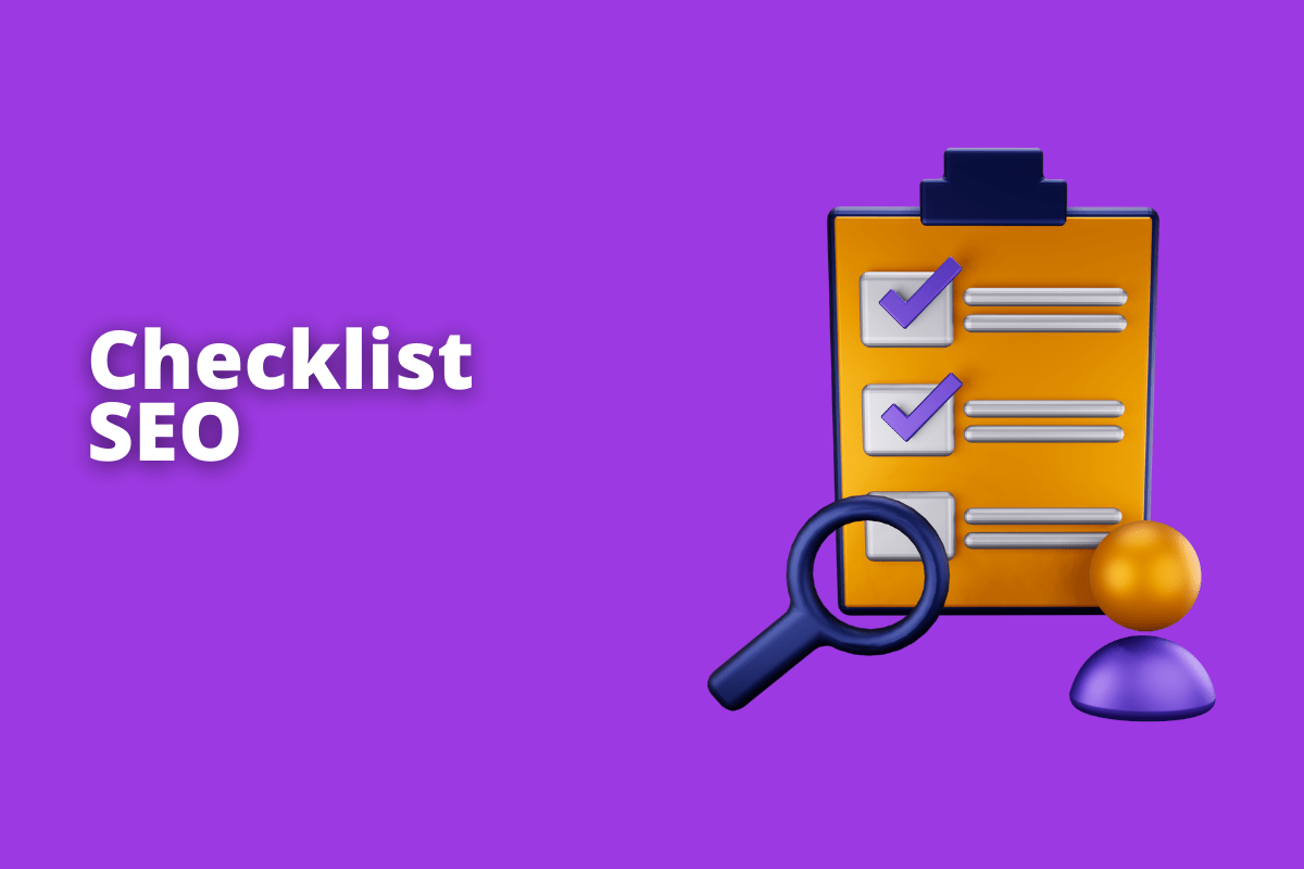 prancheta com um checklist e do lado dela, uma lupa. O fundo da imagem é roxo e tem-se escrito checklist seo