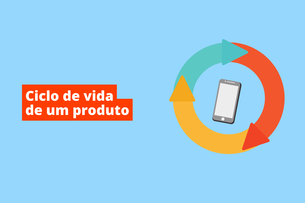 celular no centro de um ciclo feito por setas coloridas. O fundo da imagem é azul e tem-se escrito ciclo de vida de um produto