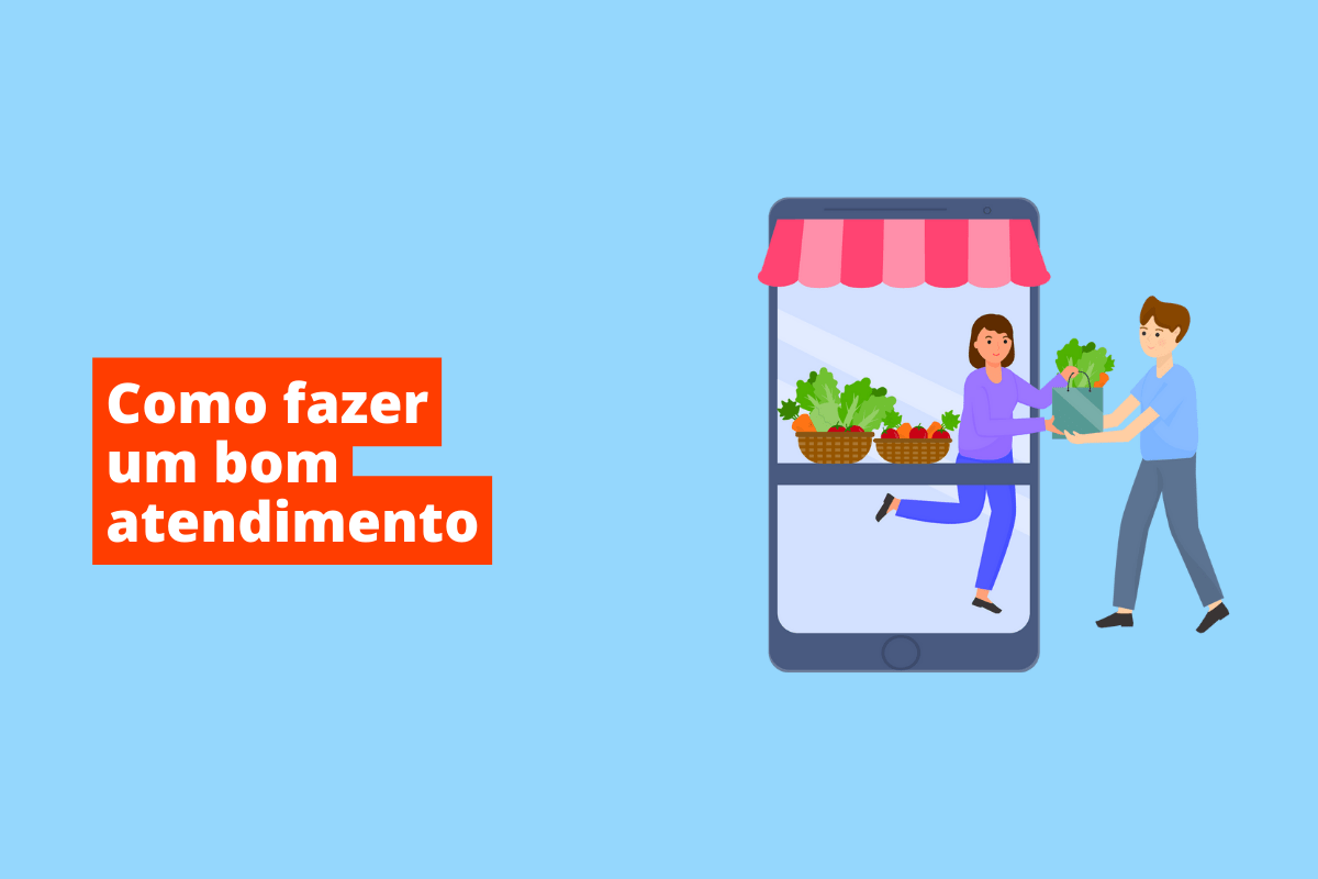 pessoa saindo de um celular, entregando uma planta para o cliente. O fundo da imagem é azul e tem-se escrito como fazer um bom atendimento