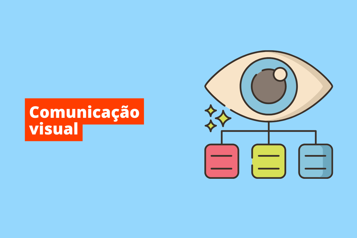 olho sendo interligado por 3 blocos coloridos. O fundo da imagem é azul e tem-se escrito comunicação visual