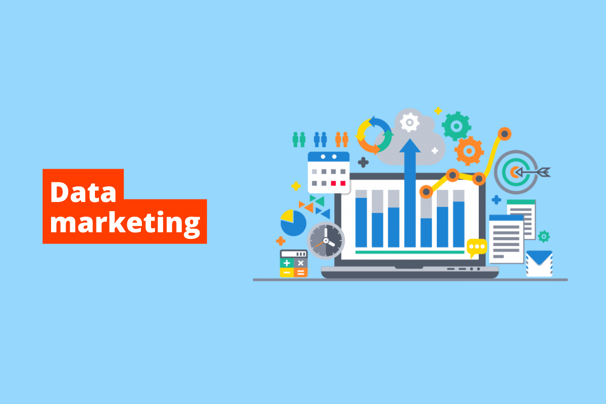 monitor e vários símbolos representando o marketing. O fundo da imagem é azul e tem-se escrito data marketing