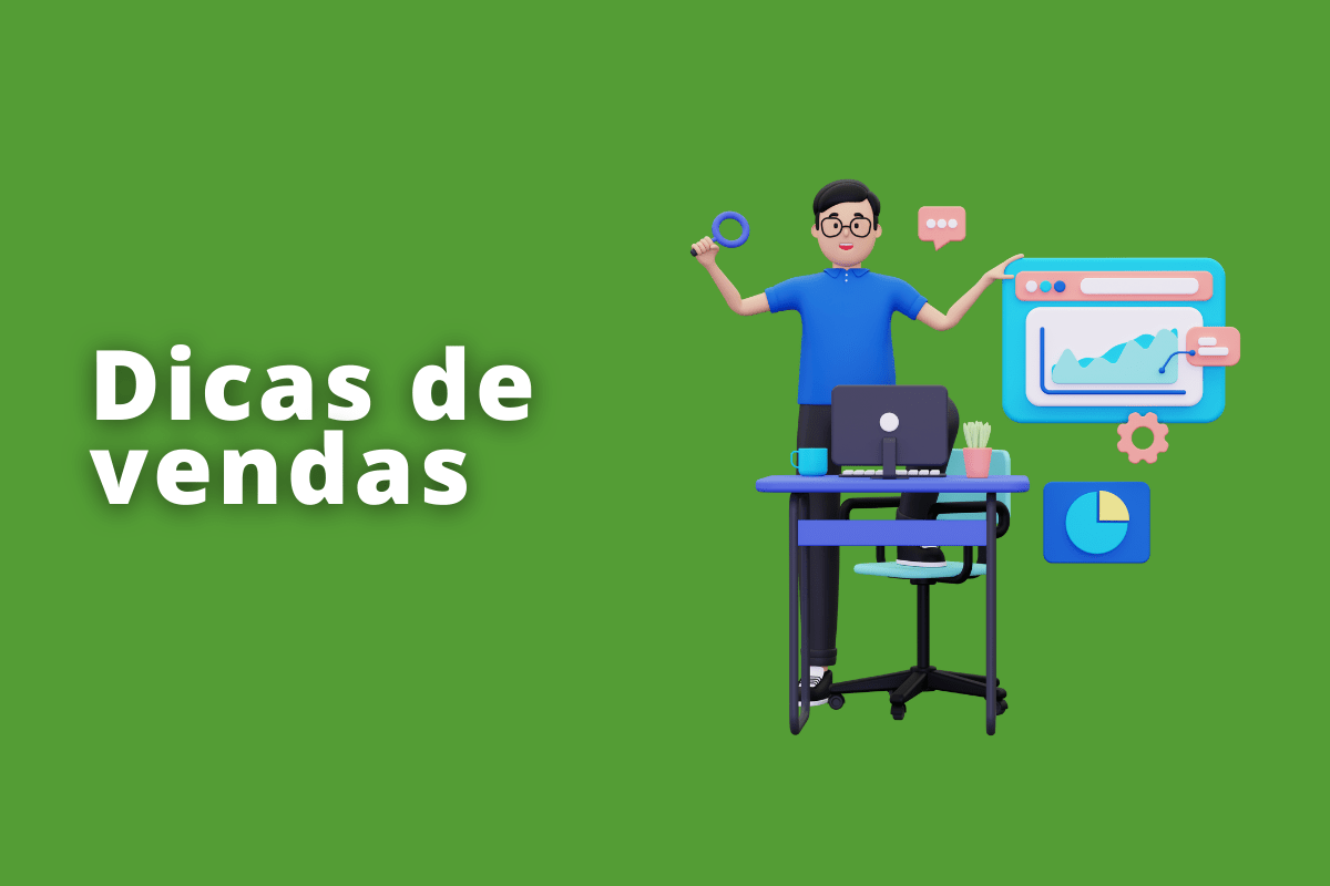 homem de azul fazendo uma apresentação sobre vendas. O fundo da imagem é verde e tem-se escrito dicas de vendas