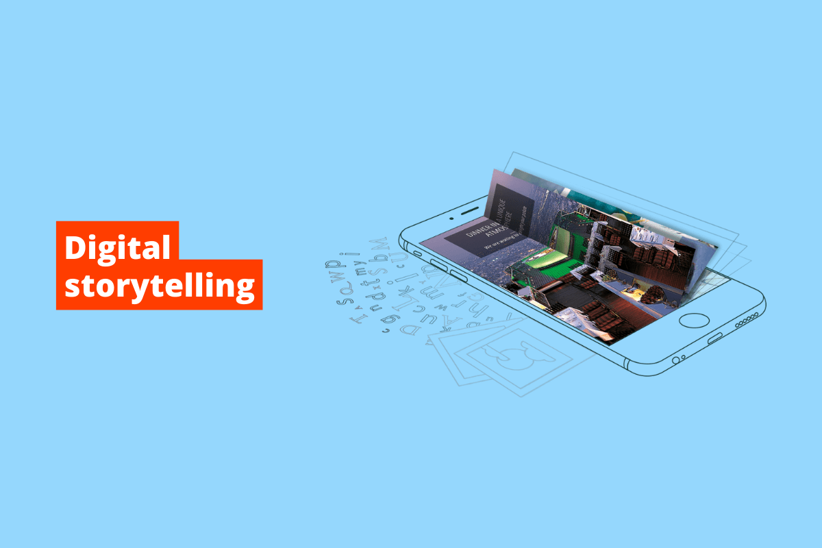 celular sendo usado como a base de uma revista. O fundo da imagem é azul e tem-se escrito digital storytelling