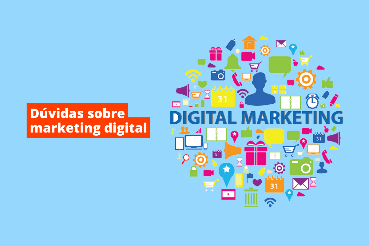vários símbolos em formato de círculo que representam o mundo do marketing. O fundo da imagem é azul e tem-se escrito dúvidas sobre marketing digital