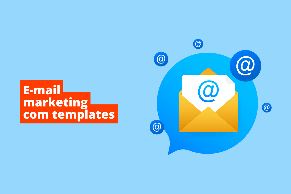 carta, com um @ saindo do envelope. O fundo da imagem é azul e tem-se escrito e-mail marketing com templates