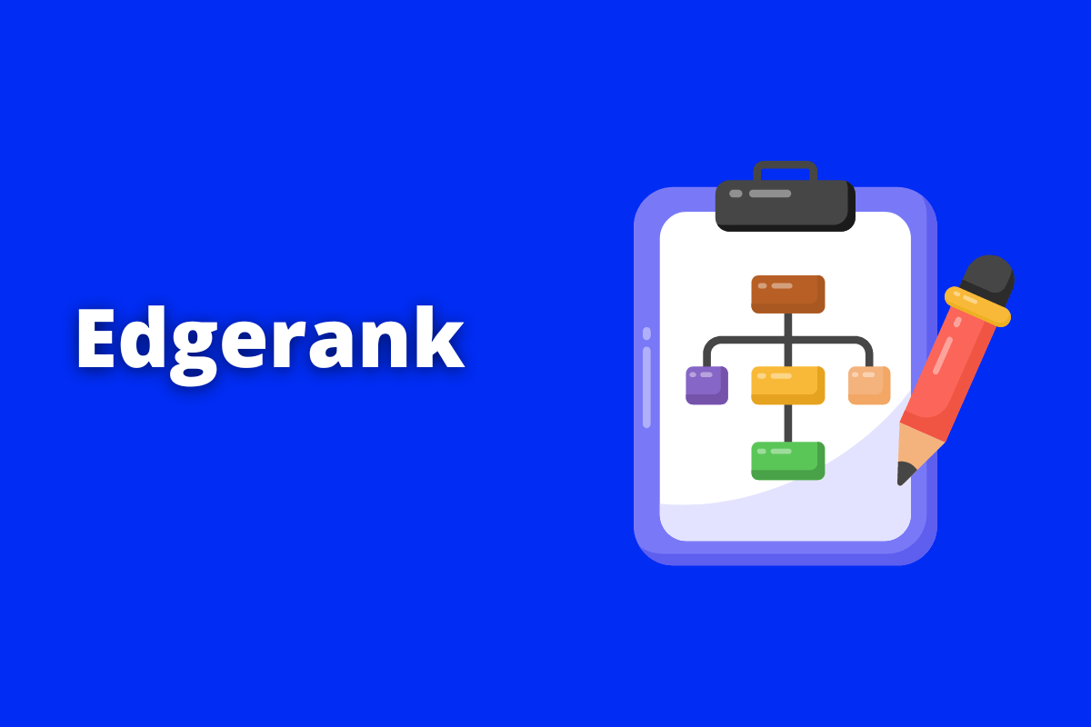 prancheta com fluxograma desenhado. O fundo da imagem é azul e tem-se escrito EdgeRank