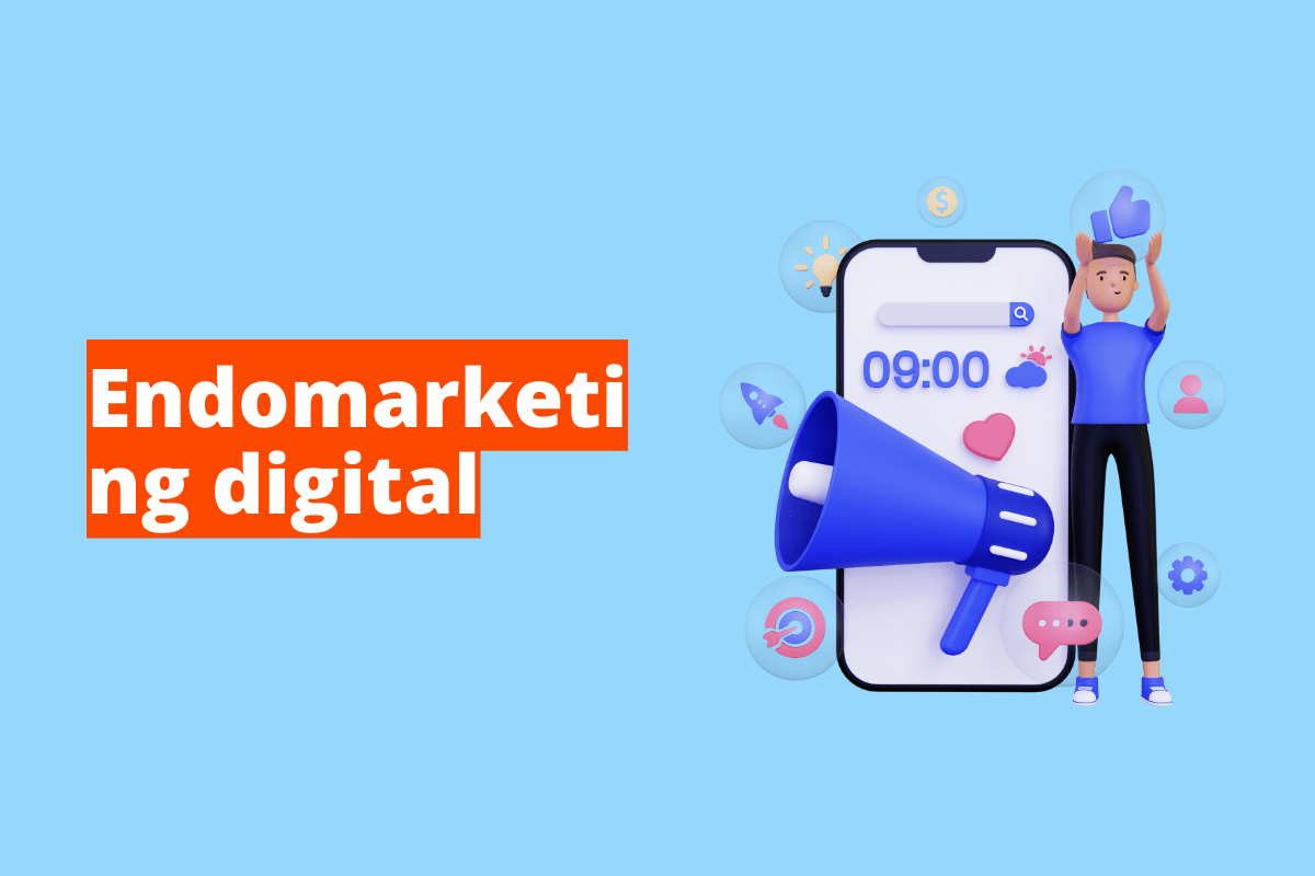 pessoa do lado de um celular gigante com um megafone. O fundo da imagem é azul e tem-se escrito endomarketing digital