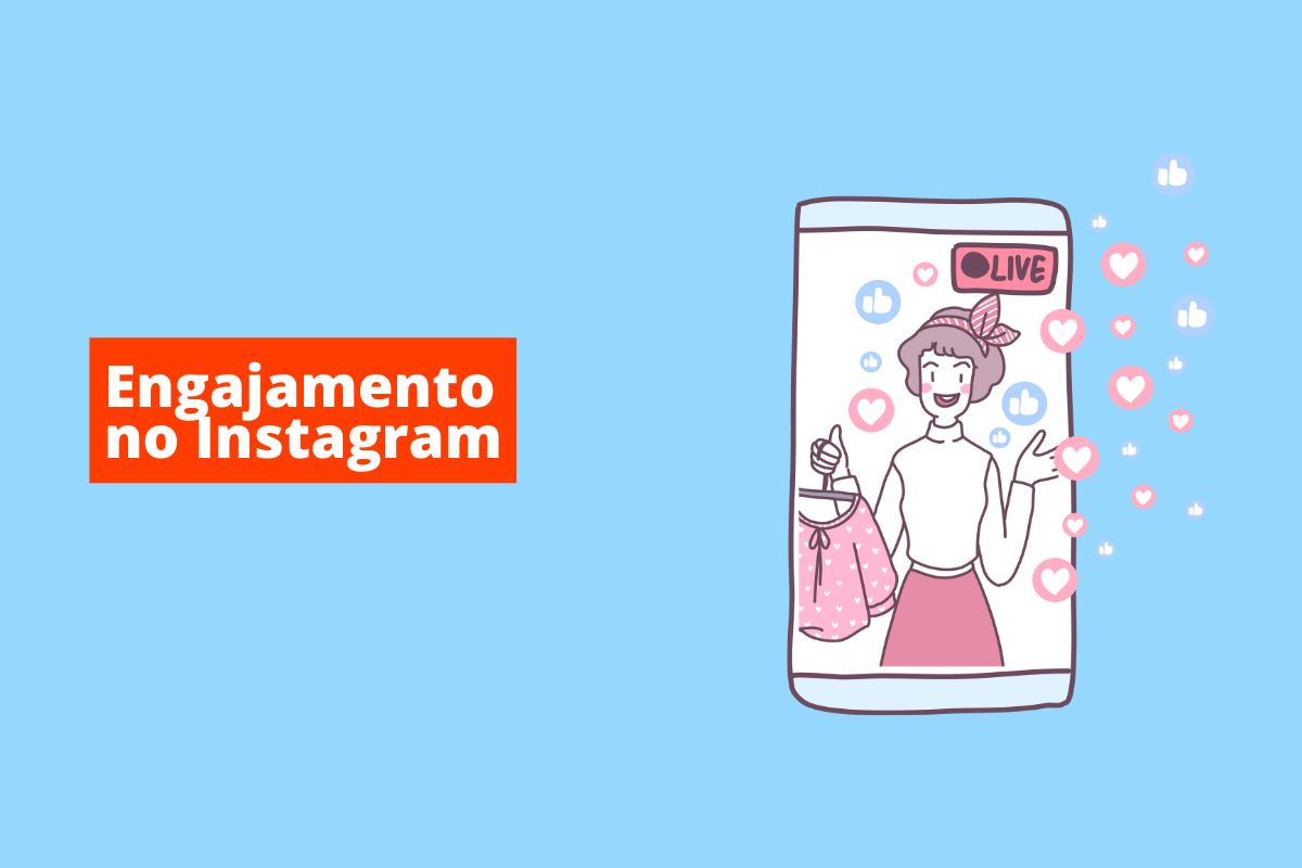 celular com imagem de uma mulher com sacolas nas mãos. O fundo da imagem é azul e tem-se escrito engajamento no instagram