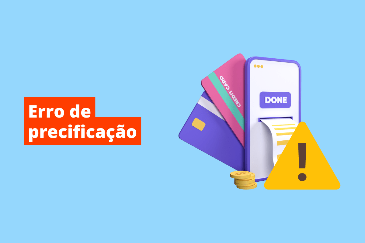imagem de vários cartões de crédito e, do lado, um símbolo de alerta. O fundo da imagem é azul e tem-se escrito erros de precificação